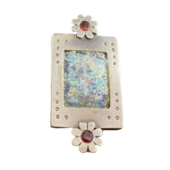 VTG Pin Aqua Roman Glass Bruria Tamir Israel ancient Floral Sterling Brooch - Picture 3 of 5